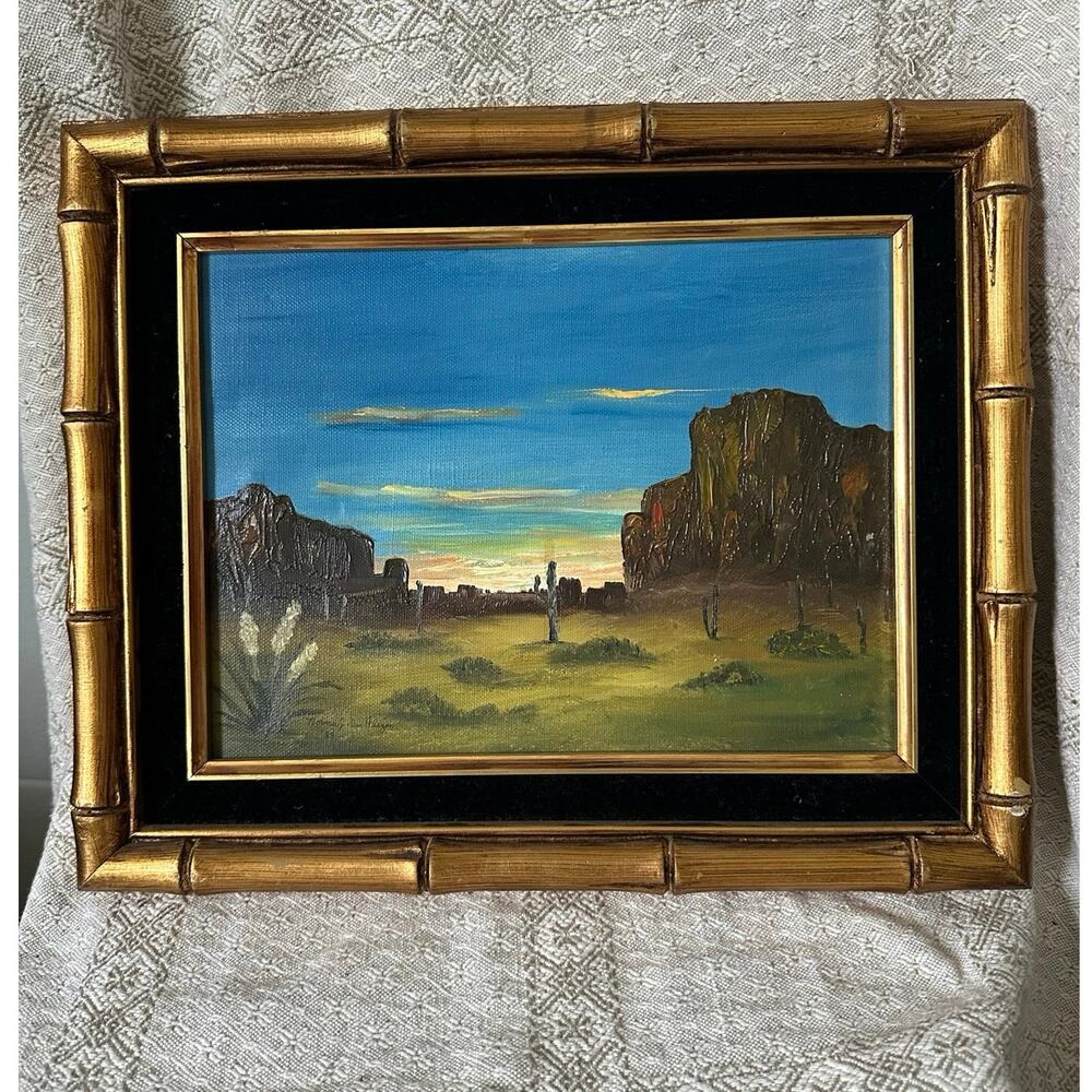 Vintage Original Painting Southwest Desert Canyon Landscape bamboo Frame 12x9”